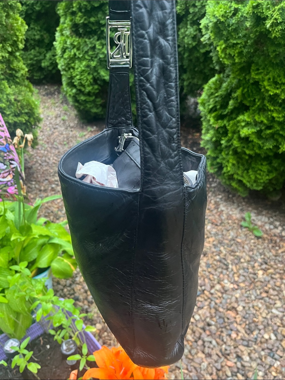 Ralph Lauren Black Leather Shoulder Bag with Silver Ralph Lauren Logo 9 x 11 - Picture 4 of 6